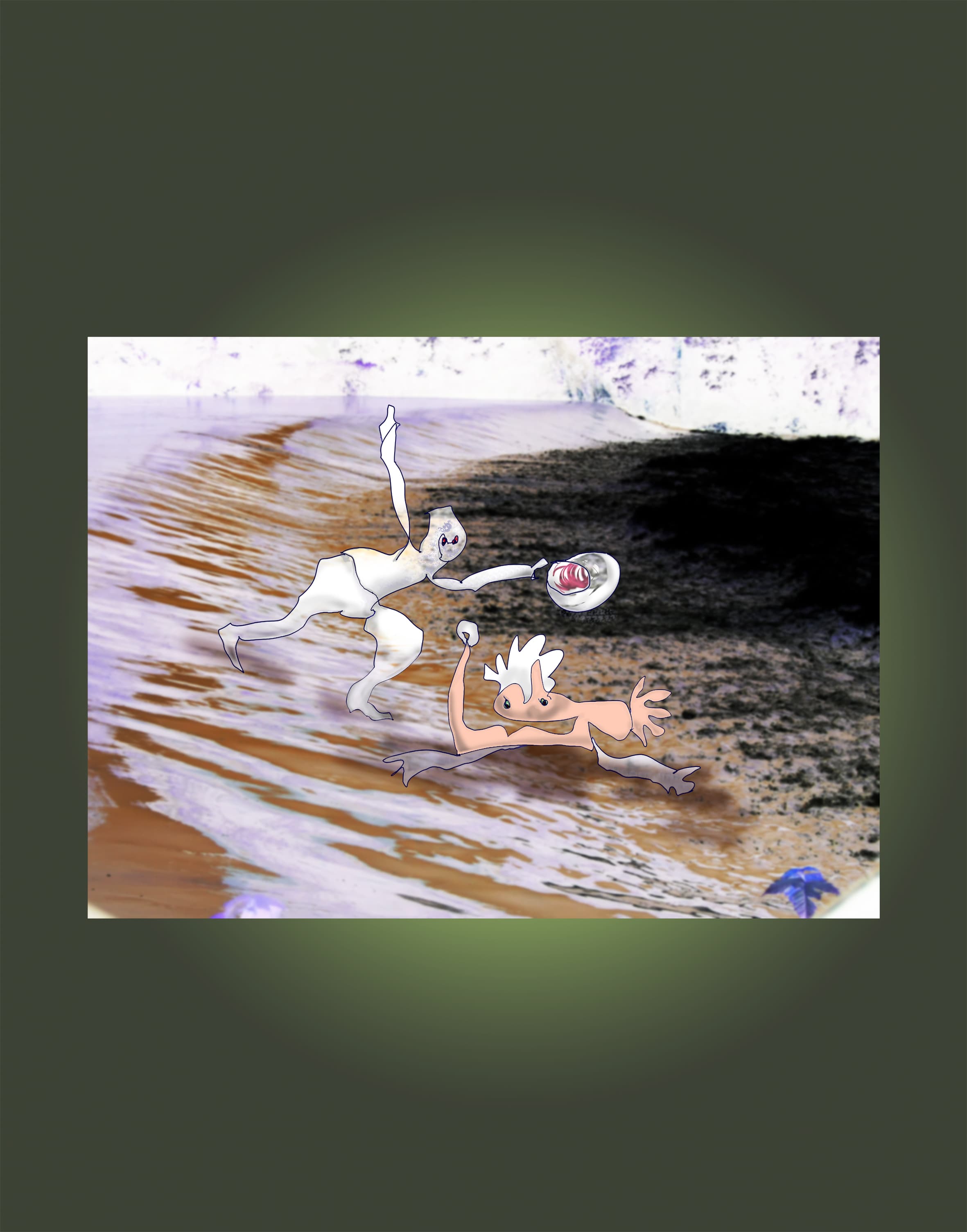 À l'aide, de Françoise Jetteur. Personnage blanc tendant une bouée à un personnage rose étendu dans les vagues, au bord d'une plage.