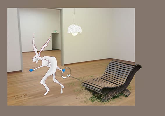 Au musée, de Françoise Jetteur. Personnage blanc aux longues oreilles et aux gants bleus tirant au bout d'une corde un banc de bois d'où pousse de l'herbe, dans une salle de musée vide.