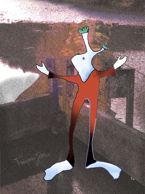 Bras ouverts, de Françoise Jetteur. Un personnage longiligne en combinaison rouge, la tête blanche surmontée d’une petite touffe verte, ouvre grand les bras sur la photographie d’un quai sombre.