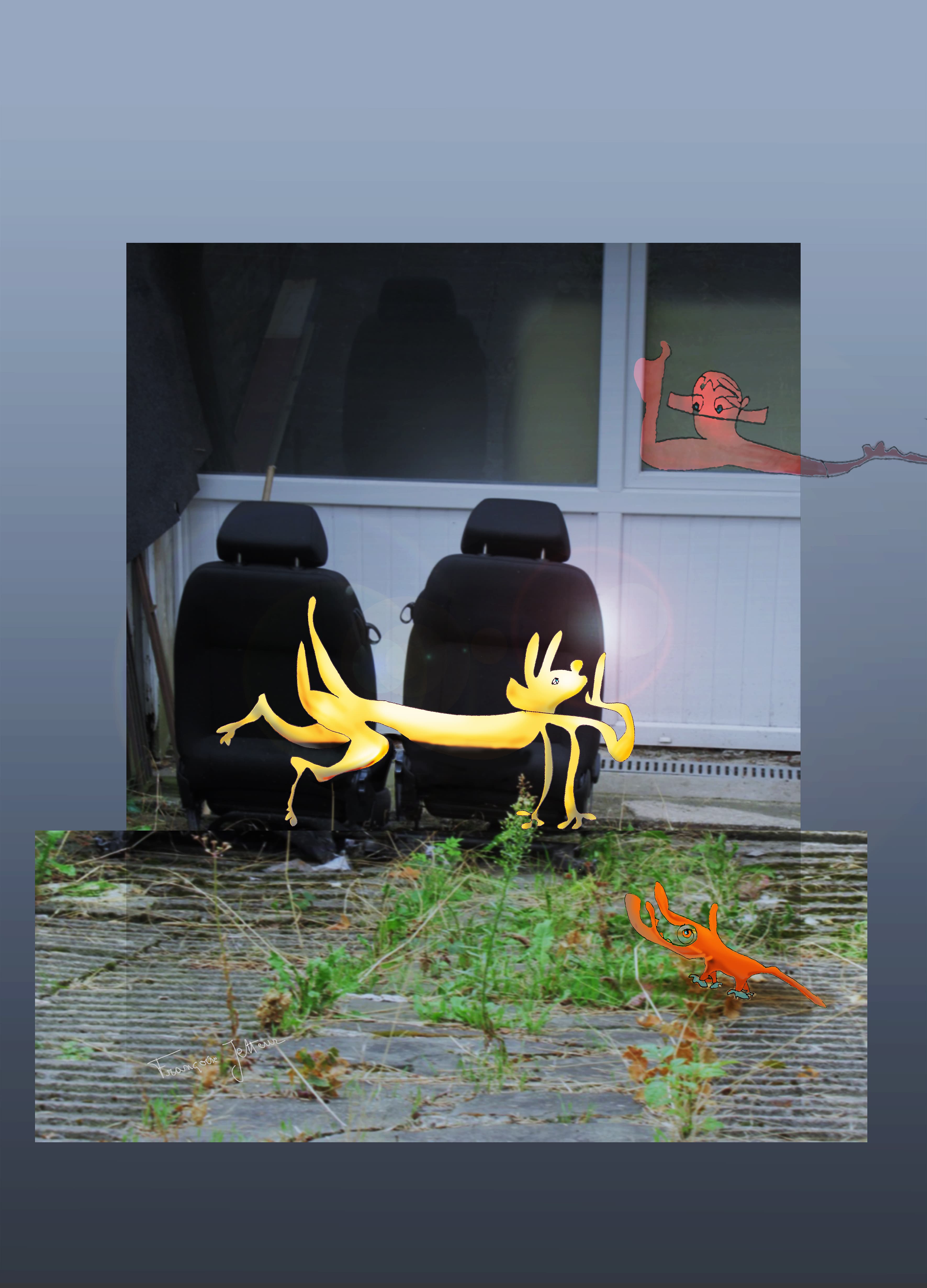 Bulles, de Françoise Jetteur. Long animal jaune allongé sur deux sièges de voiture posés devant une façade ; une silhouette rousse à la fenêtre et une petite bête orange dans l'herbe.