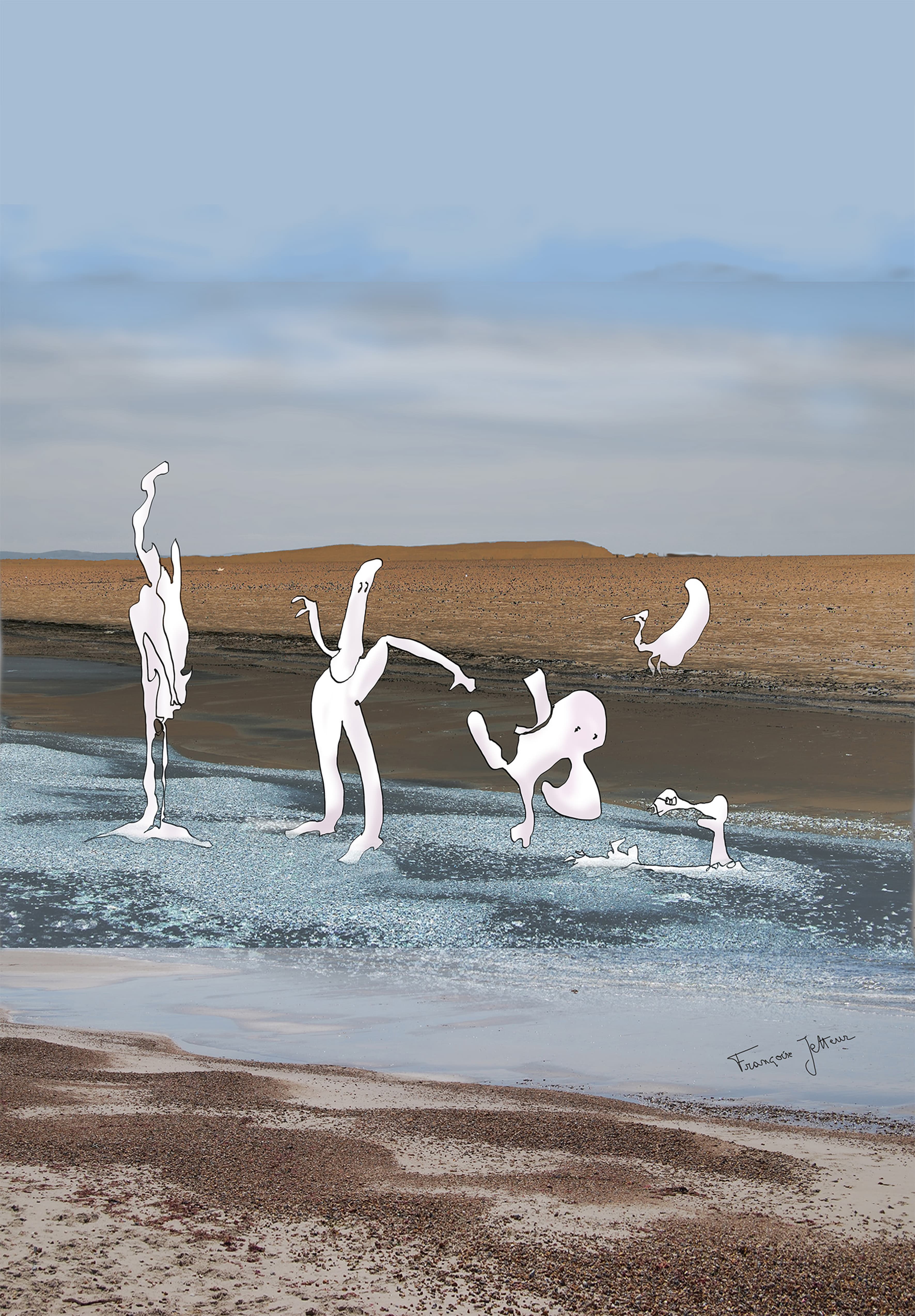 C'est quoi ?, de Françoise Jetteur. Silhouettes blanches qui s'étirent, se penchent et culbutent sur une plage à marée basse, sous un ciel bleu pâle.