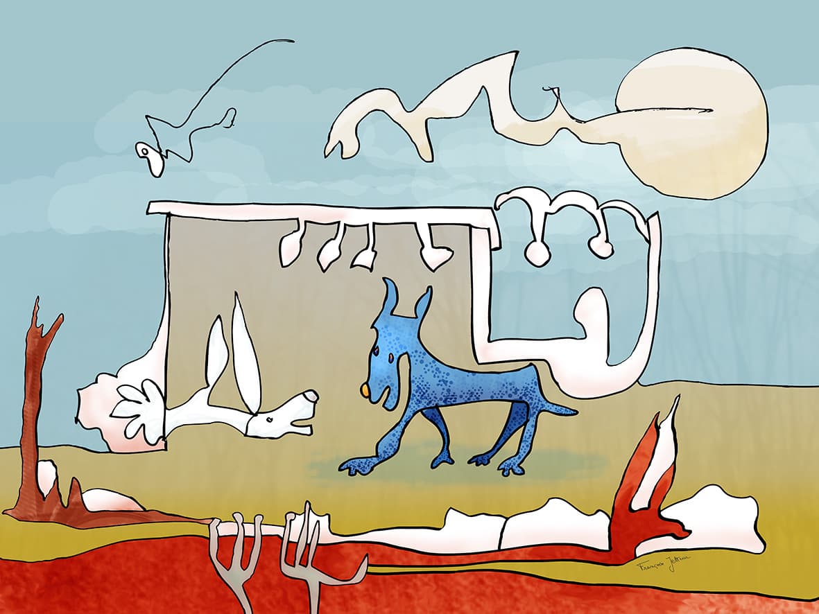 Chien bleu, de Françoise Jetteur. Chien bleu moucheté trottant devant un mur blanc aux formes coulantes, sous une lune pâle, avec un animal blanc couché et des arbres rouges.