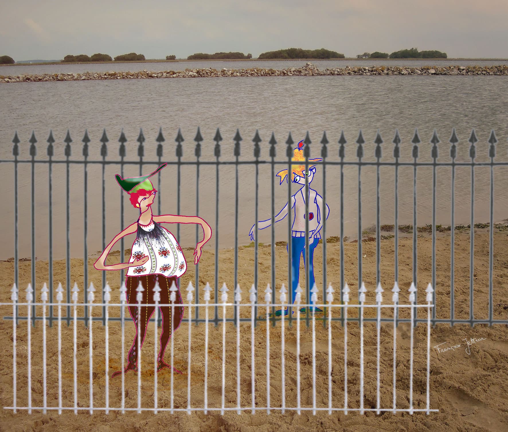 Demande, de Françoise Jetteur. Deux personnages face à face entre deux rangées de grilles sur une plage : l'un en chapeau à plume et corsage fleuri, l'autre en bleu, la main tendue.