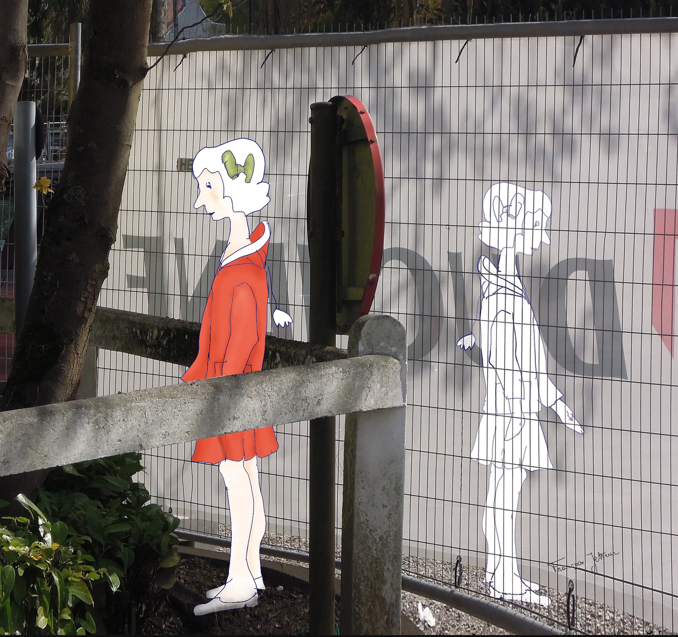 Jumelles, de Françoise Jetteur. Deux fillettes dessinées devant une clôture grillagée : l'une en manteau rouge, l'autre seulement tracée en contour blanc.