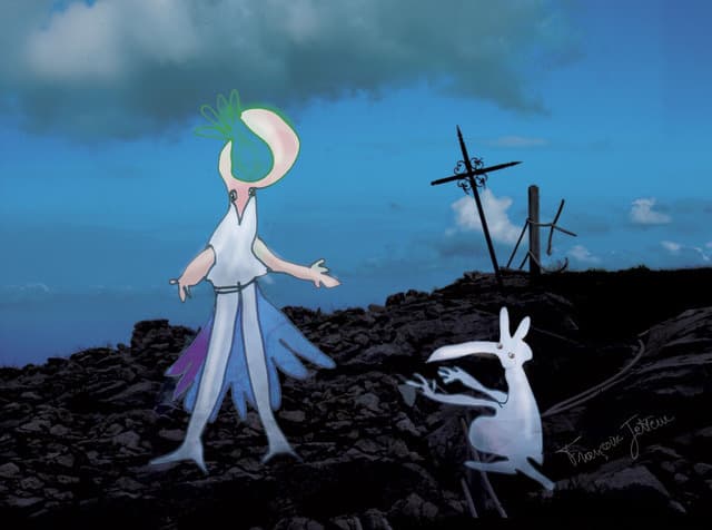 La croix, de Françoise Jetteur. Un personnage blanc à la tête verte et rose, en robe à franges bleues, se tient sur des rochers noirs sous un ciel bleu, près d’une croix en fer forgé et d’un petit animal blanc.