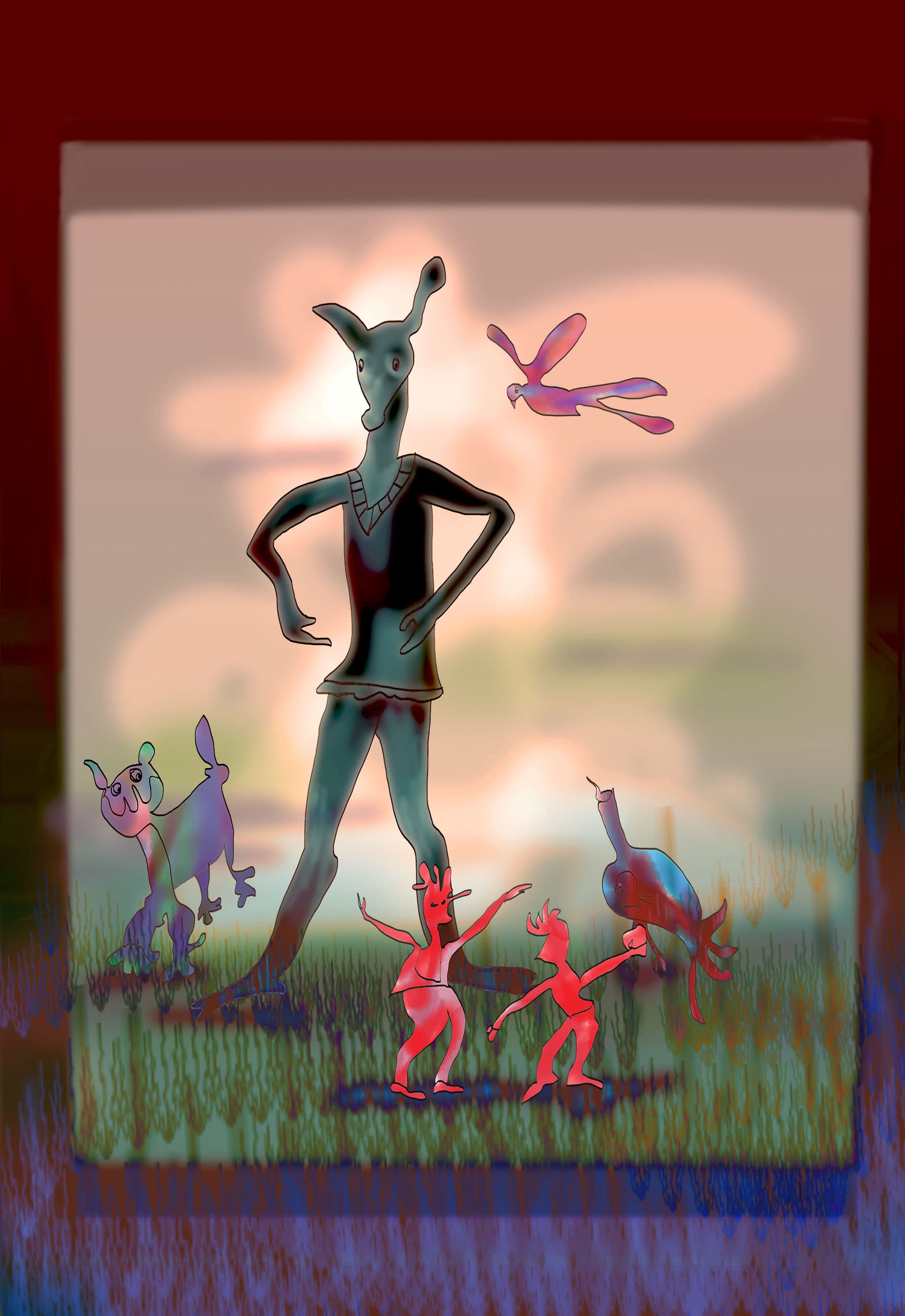 Le géant, de Françoise Jetteur. Géant au long cou, mains sur les hanches, dans une prairie, entouré de deux petits diables rouges, d'un chien mauve et d'un oiseau rose en vol.