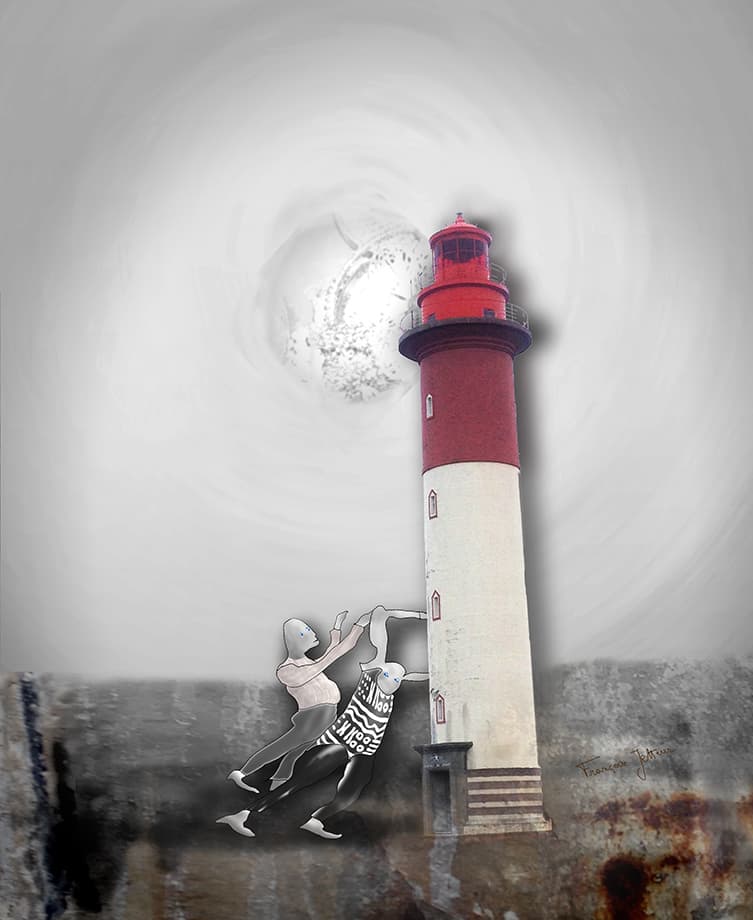 Le phare, de Françoise Jetteur. Deux personnages en noir et blanc, dont l'un en marinière, agrippés au pied d'un phare rouge et blanc, sous un ciel gris qui tourbillonne.