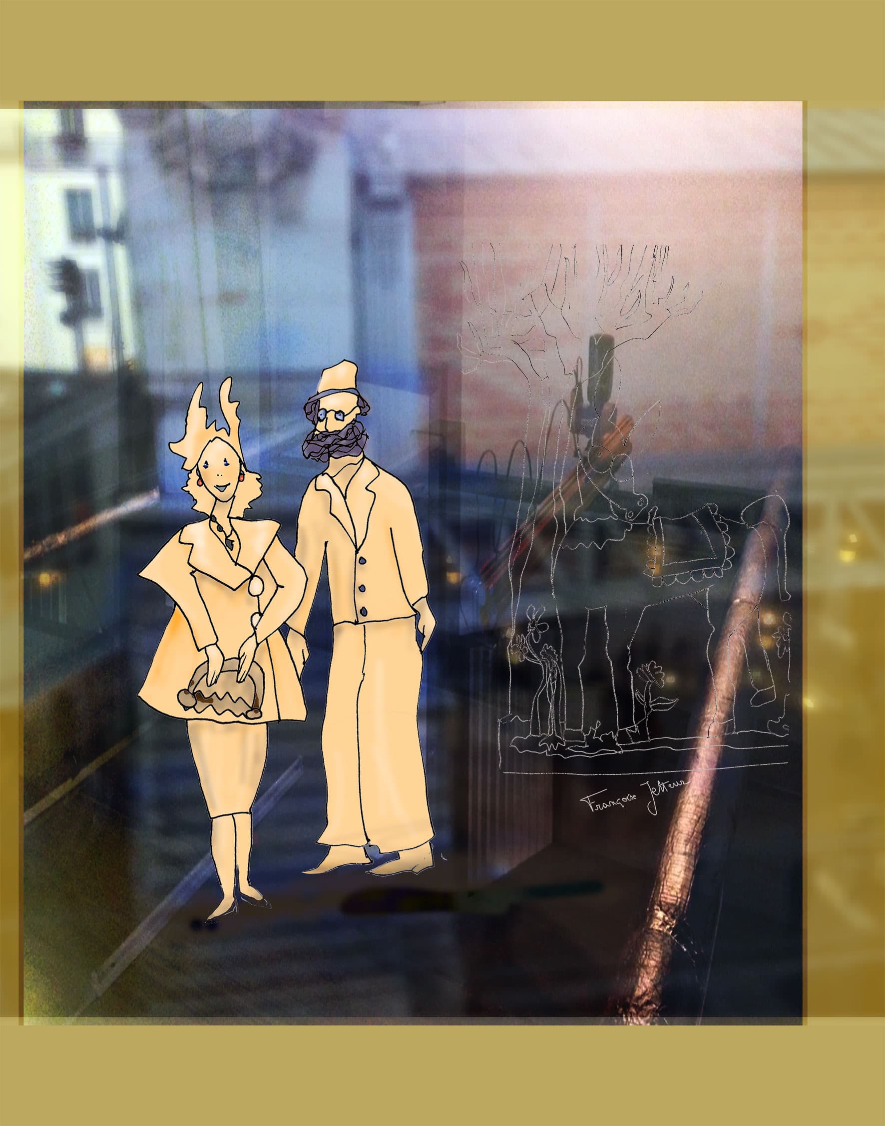 Les amants, de Françoise Jetteur. Couple dessiné en tons ocre, une femme tenant un sac et un homme barbu à lunettes et chapeau, devant une vitrine où se reflète la rue.