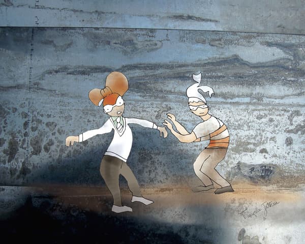 Masques, de Françoise Jetteur. Deux personnages aux yeux couverts d’un bandeau, l’un en pull blanc, l’autre en tricot rayé, se tendent la main devant un mur de métal gris taché de rouille.