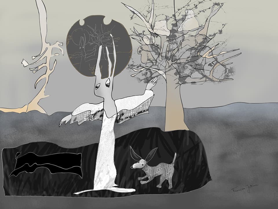Résurrection, de Françoise Jetteur. Grande figure blanche aux bras ouverts comme des ailes devant un disque sombre, dans un paysage gris aux arbres nus, avec un petit chien tacheté.