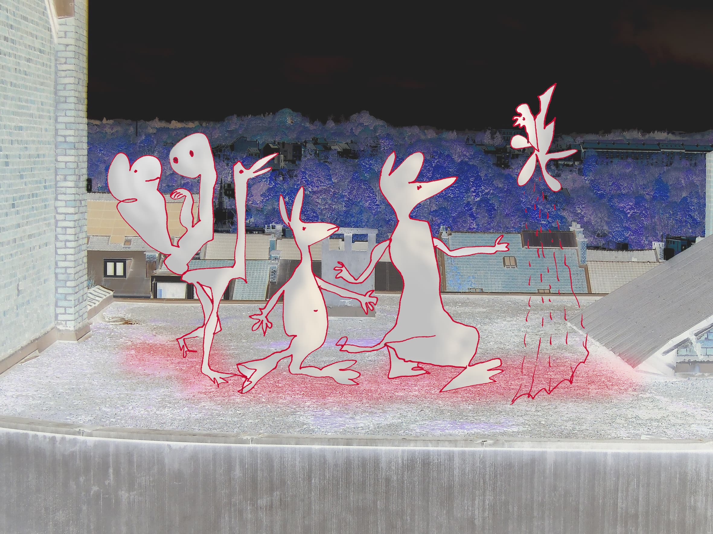 Sur les toits, de Françoise Jetteur. Grandes créatures blanches cernées de rouge dansant sur une terrasse au-dessus des toits d'une ville, sous un ciel bleu sombre.