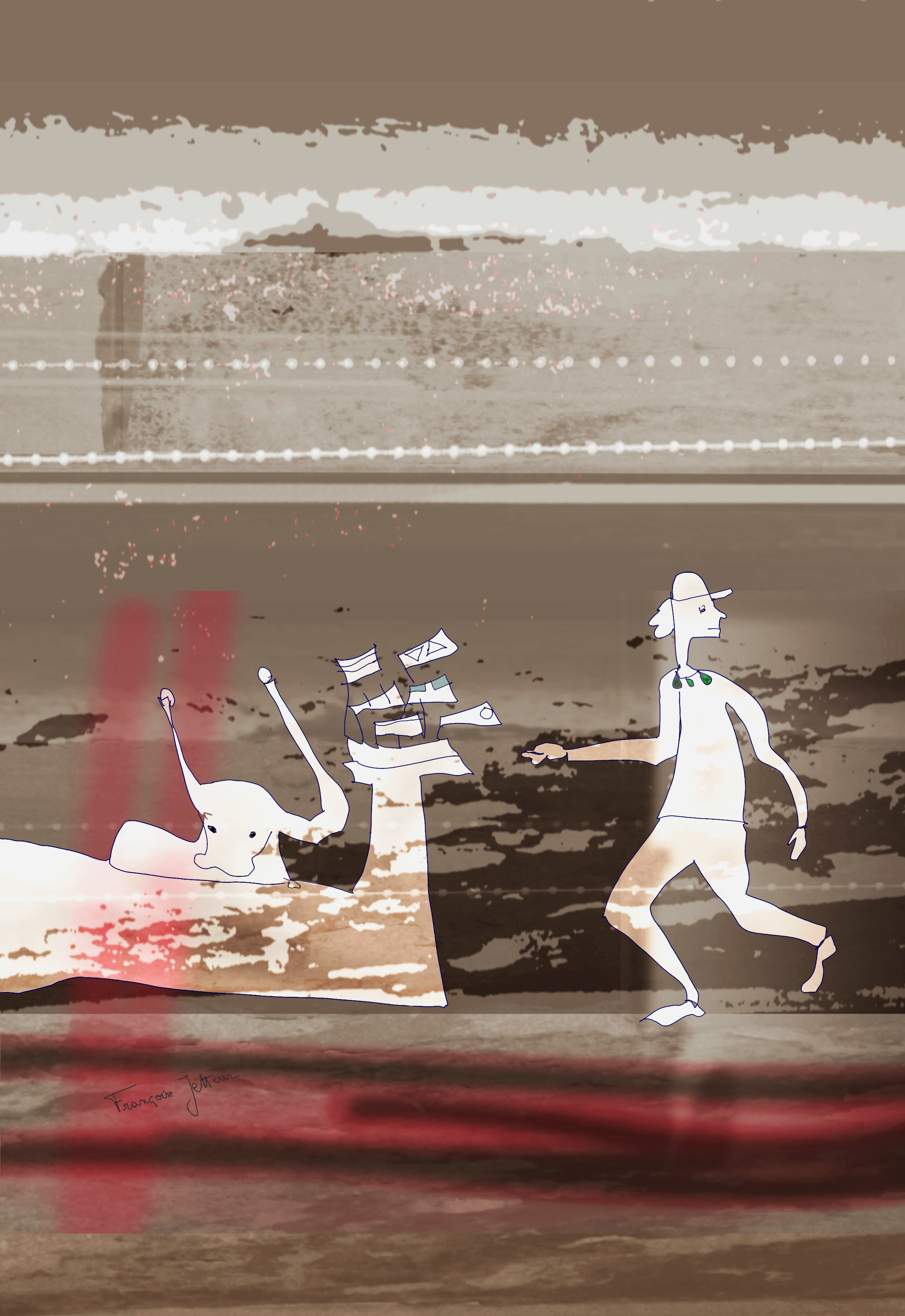 Taureau, de Françoise Jetteur. Taureau allongé portant des fanions sur le dos et homme en casquette s'avançant vers lui, sur un fond de bandes brunes et crème rayées de rouge.
