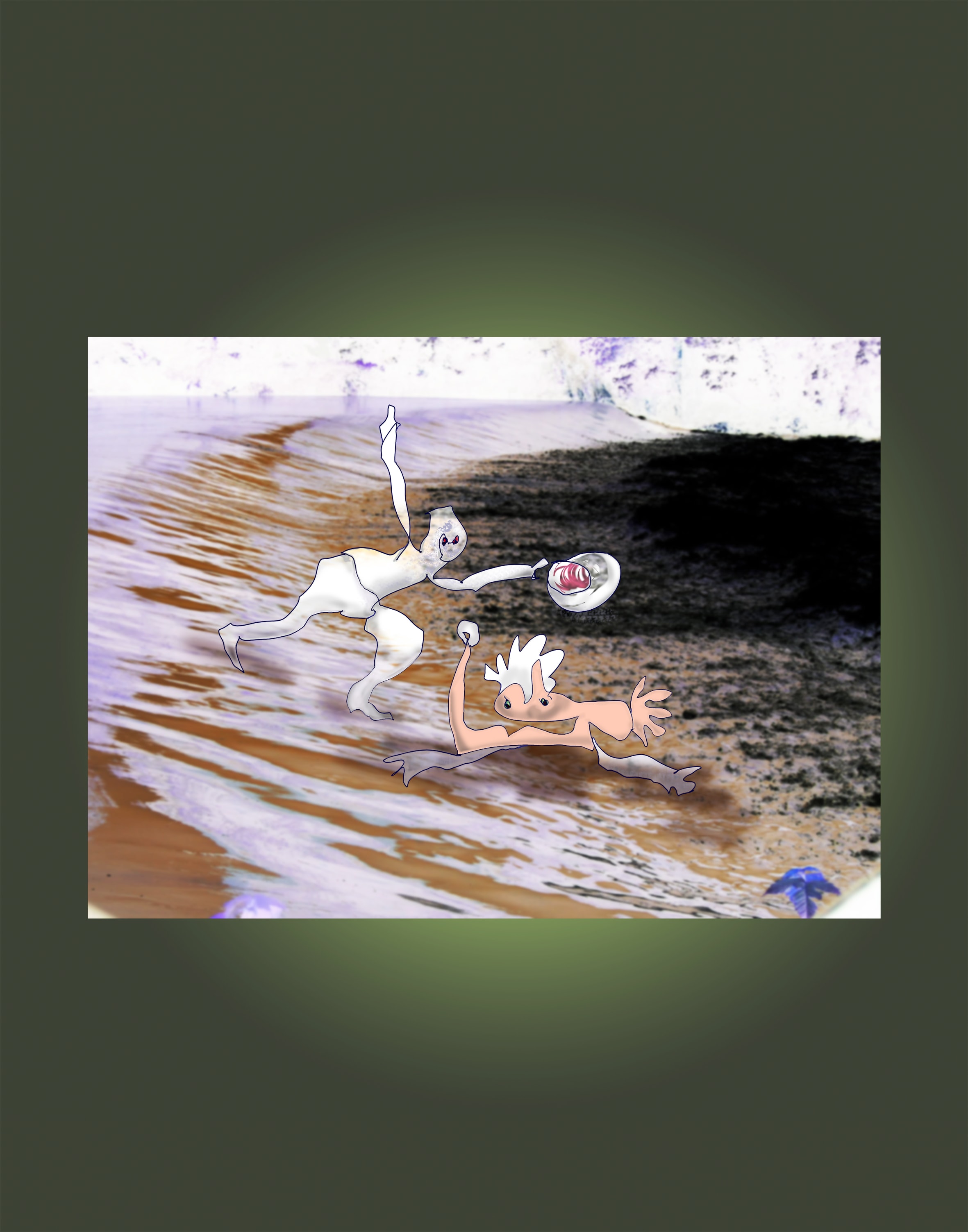 À l'aide, de Françoise Jetteur. Personnage blanc tendant une bouée à un personnage rose étendu dans les vagues, au bord d'une plage.