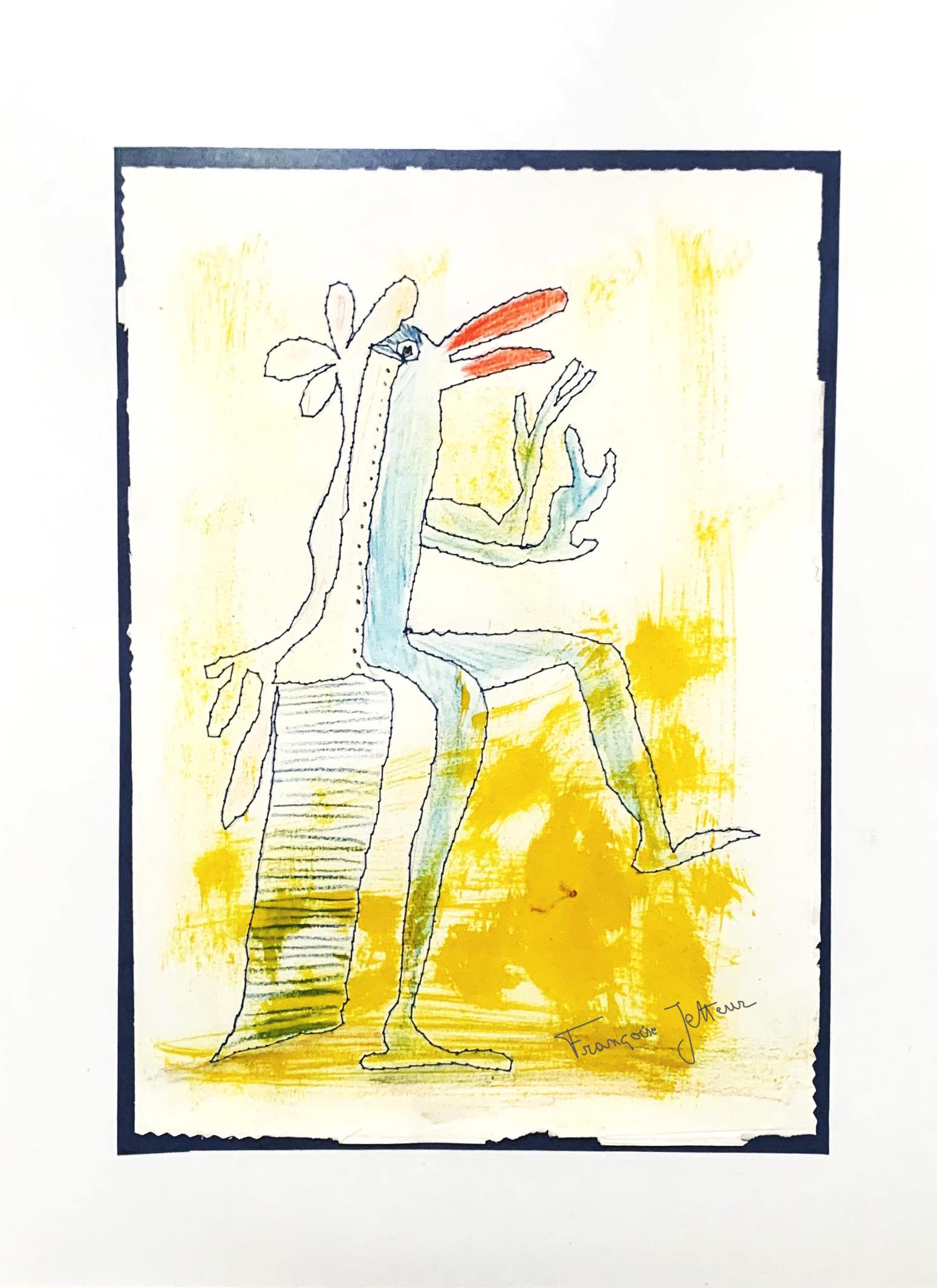 Assis, de Françoise Jetteur. Dessin à l'encre d'un personnage au long bec rouge, assis sur un haut tabouret rayé, une jambe levée, sur un fond de taches d'écoline jaune.