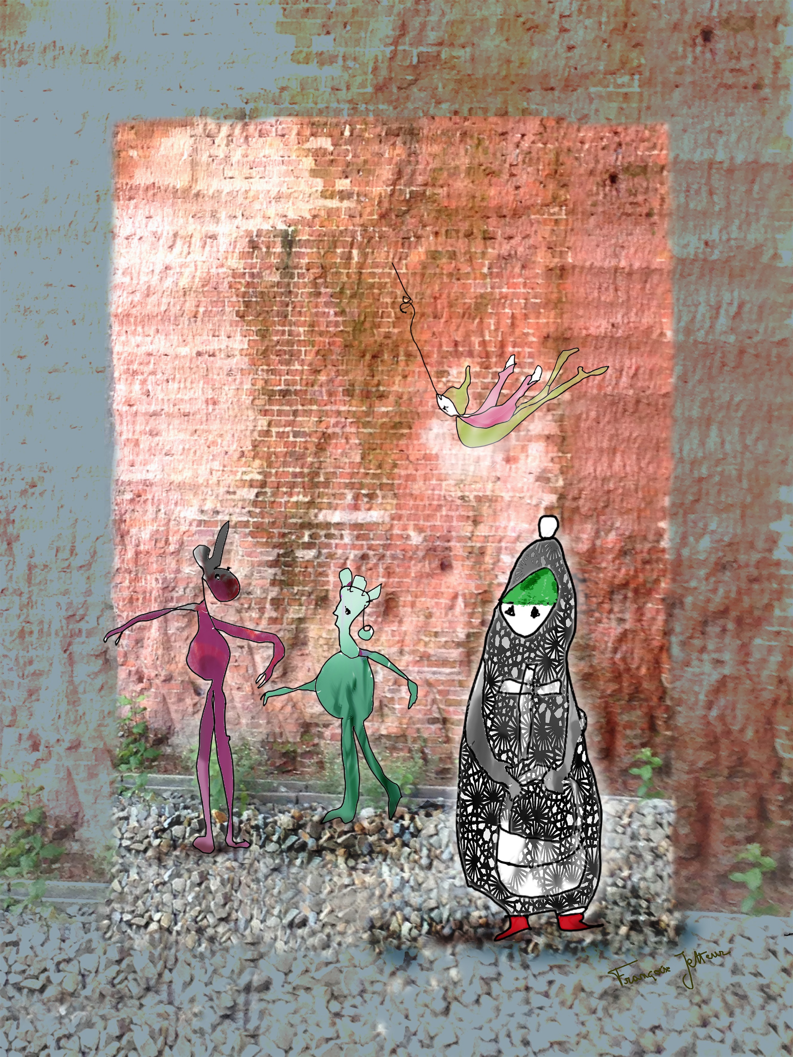 Attente, de Françoise Jetteur. Trois personnages au pied d'un mur de briques, une silhouette prune, un petit être vert et une figure au manteau ornementé noir et blanc, sous un oiseau suspendu à un fil.