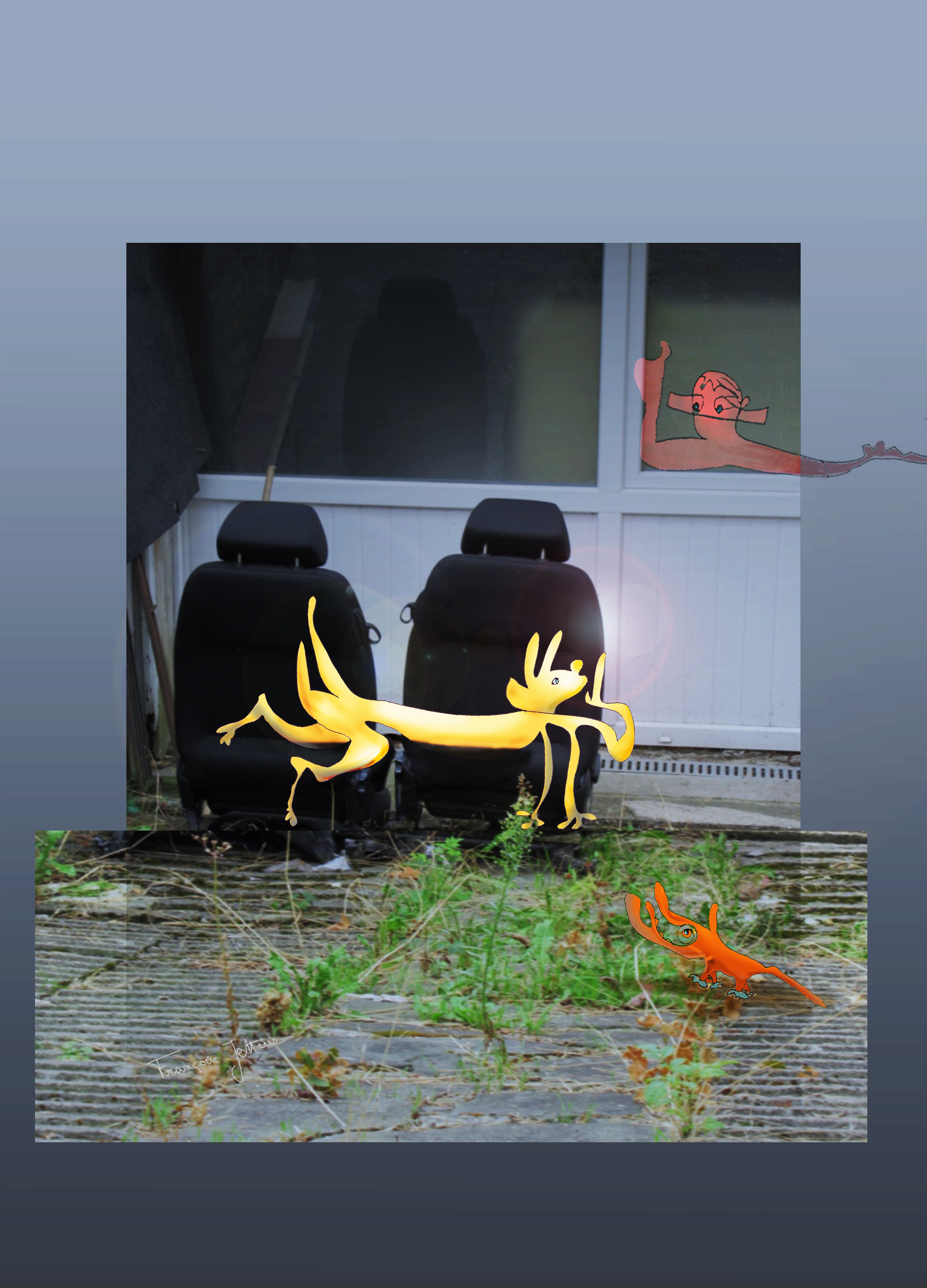 Bulles, de Françoise Jetteur. Long animal jaune allongé sur deux sièges de voiture posés devant une façade ; une silhouette rousse à la fenêtre et une petite bête orange dans l'herbe.