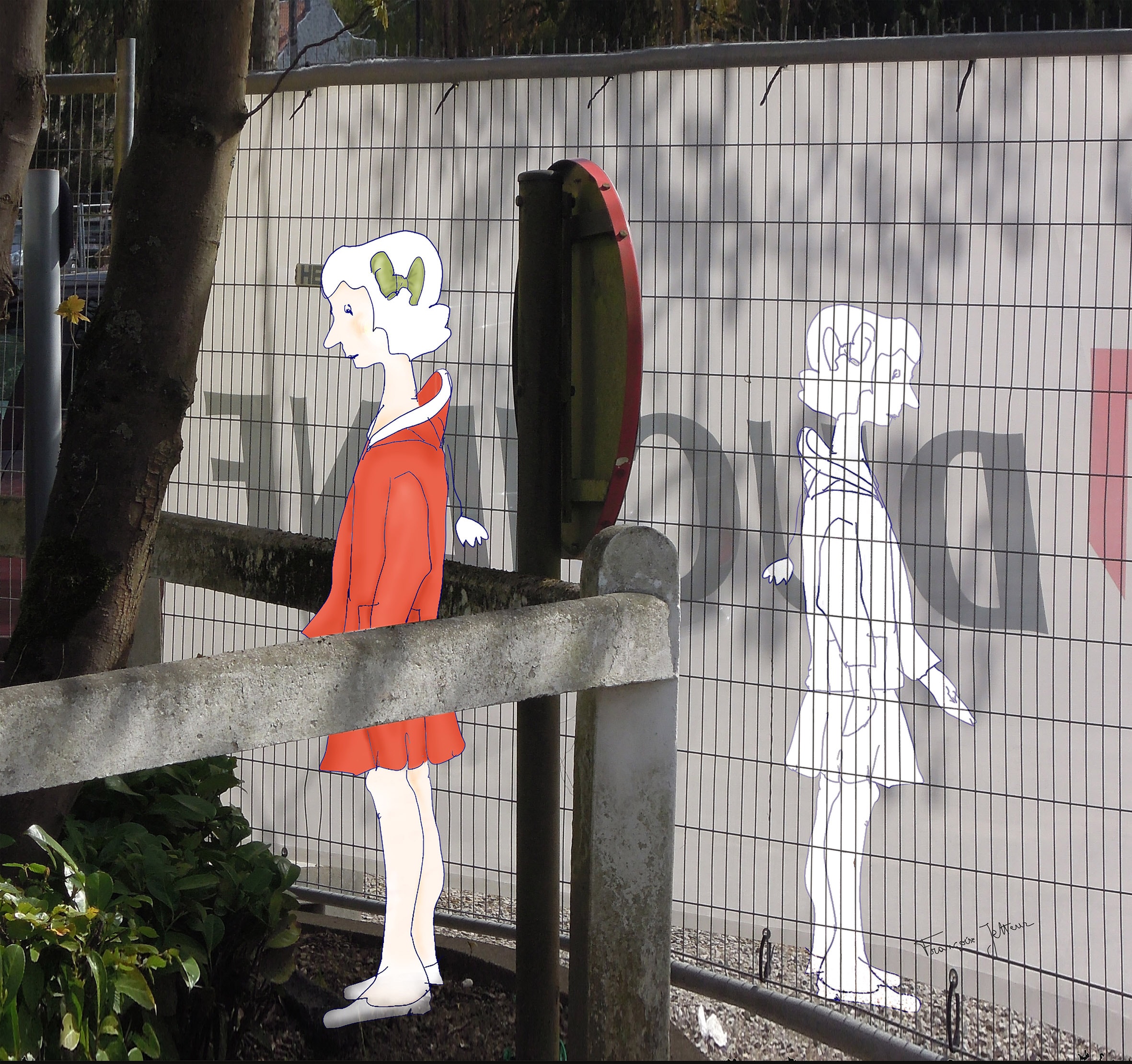 Jumelles, de Françoise Jetteur. Deux fillettes dessinées devant une clôture grillagée : l'une en manteau rouge, l'autre seulement tracée en contour blanc.