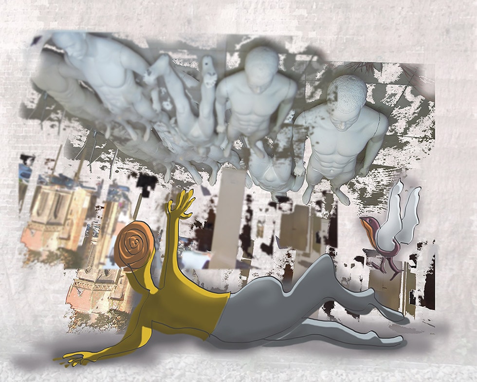 Le rêve, de Françoise Jetteur. Personnage à tête d'escargot couché au sol, bras levé vers des corps de statues et des fragments de façades qui flottent au-dessus de lui.
