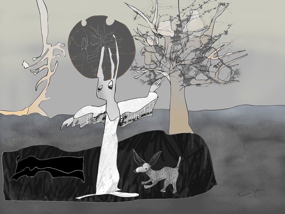 Résurrection, de Françoise Jetteur. Grande figure blanche aux bras ouverts comme des ailes devant un disque sombre, dans un paysage gris aux arbres nus, avec un petit chien tacheté.