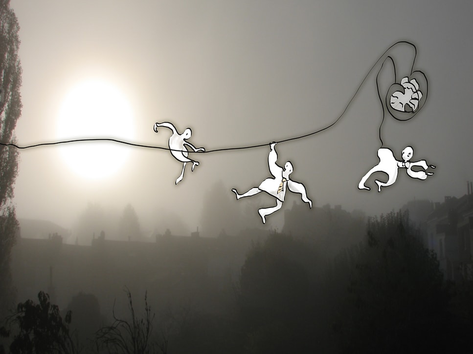 Sur le fil, de Françoise Jetteur. Trois personnages blancs suspendus à un fil au-dessus d'une ville dans la brume, sous un soleil voilé, le fil se terminant par un cœur.