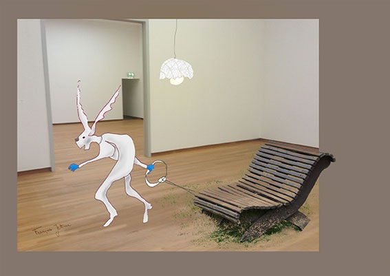Au musée, de Françoise Jetteur. Personnage blanc aux longues oreilles et aux gants bleus tirant au bout d'une corde un banc de bois d'où pousse de l'herbe, dans une salle de musée vide.