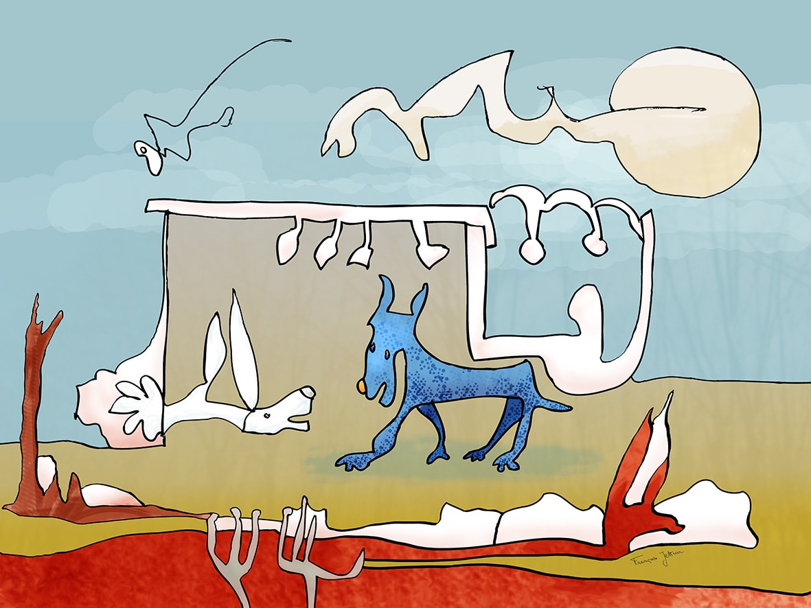 Chien bleu, de Françoise Jetteur. Chien bleu moucheté trottant devant un mur blanc aux formes coulantes, sous une lune pâle, avec un animal blanc couché et des arbres rouges.