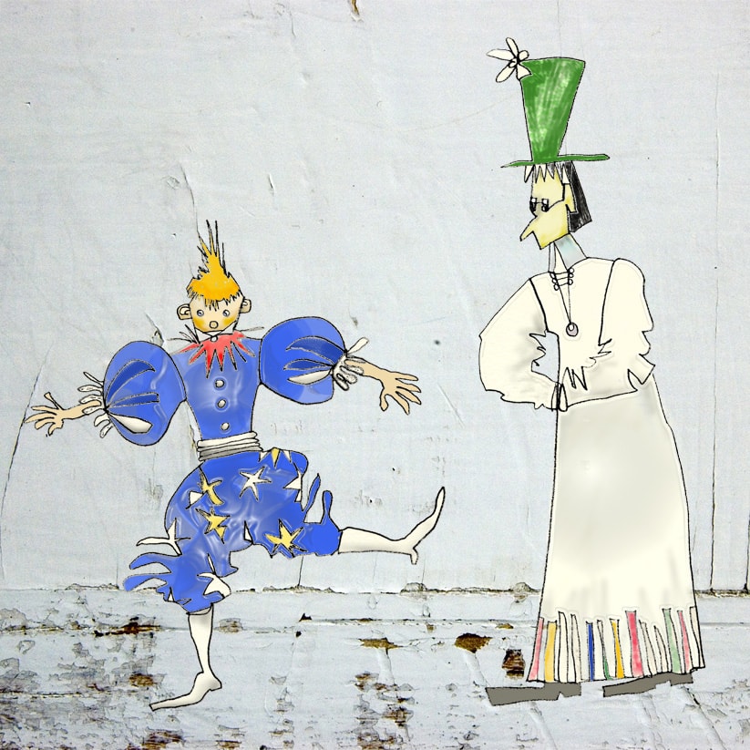 Clown bleu, de Françoise Jetteur. Clown en costume bleu étoilé dansant sur une jambe à côté d'une grande silhouette en robe blanche et haut-de-forme vert, devant un mur blanc écaillé.