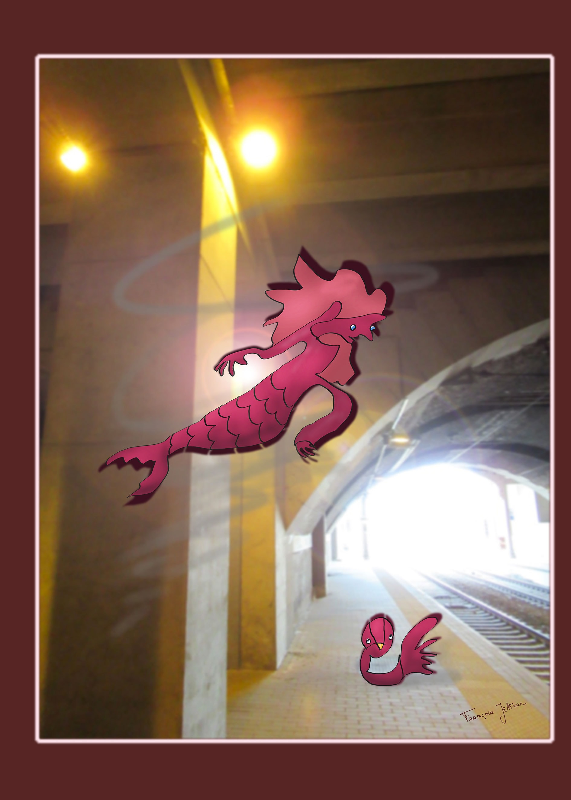 Dans le tunnel, de Françoise Jetteur. Créature rose mi-poisson mi-oiseau flottant dans un passage souterrain près des voies ferrées, au-dessus d'une petite créature rose posée sur le quai.