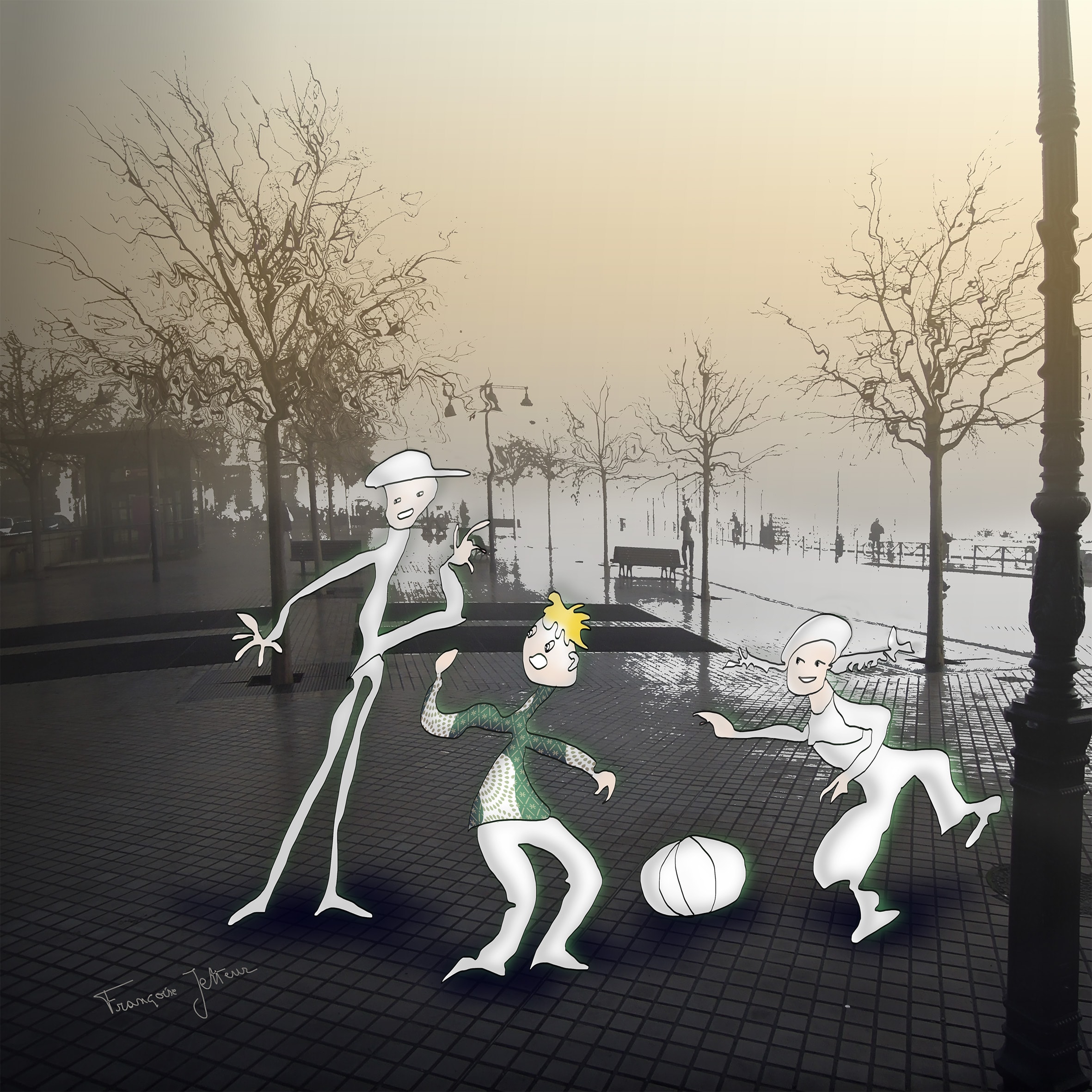 Pas toi, de Françoise Jetteur. Trois personnages blancs autour d'un ballon sur une esplanade pavée dans la brume, dont un grand personnage en casquette et un enfant aux cheveux jaunes.
