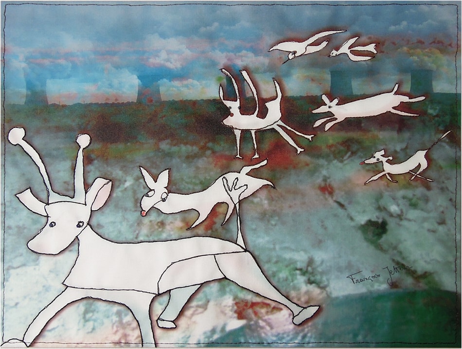 Rush !, de Françoise Jetteur. Troupe d'animaux blancs cernés de noir courant sur un fond aux couleurs mêlées, menée par un grand animal aux bois terminés par des boules.